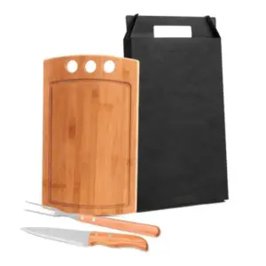 Conjunto para churrasco em bambu madeira e inox 3 peças personalizado