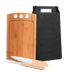 Conjunto para churrasco em bambu madeira e inox 3 peças personalizado