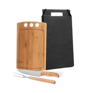 Conjunto para churrasco em bambu madeira e inox 3 peças personalizado