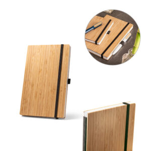 Caderno A5 com capa em bambu e lombada em rPET personalizado