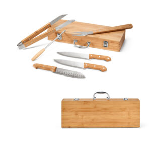 Kit churrasco em estojo de bambu 6 peças em inox personalizado