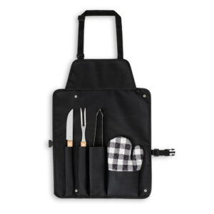 Kit churrasco com 3 utensílios em inox e madeira com luva personalizado