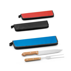 Kit churrasco em estojo 210D 2 utensílios em inox e madeira personalizado