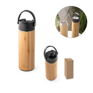 Garrafa térmica em inox e bambu 440ml personalizada