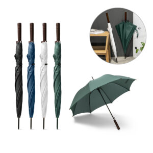 Guarda-chuva automático em poliéster reciclado com cabo de madeira personalizado