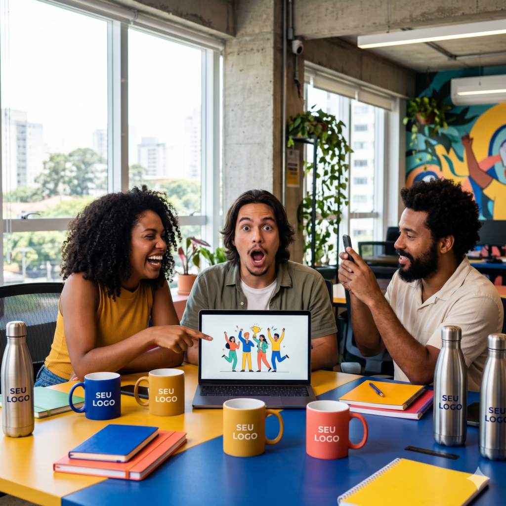 Equipe de profissionais brasileiros sorrindo em escritório com brindes corporativos personalizados com logo da empresa