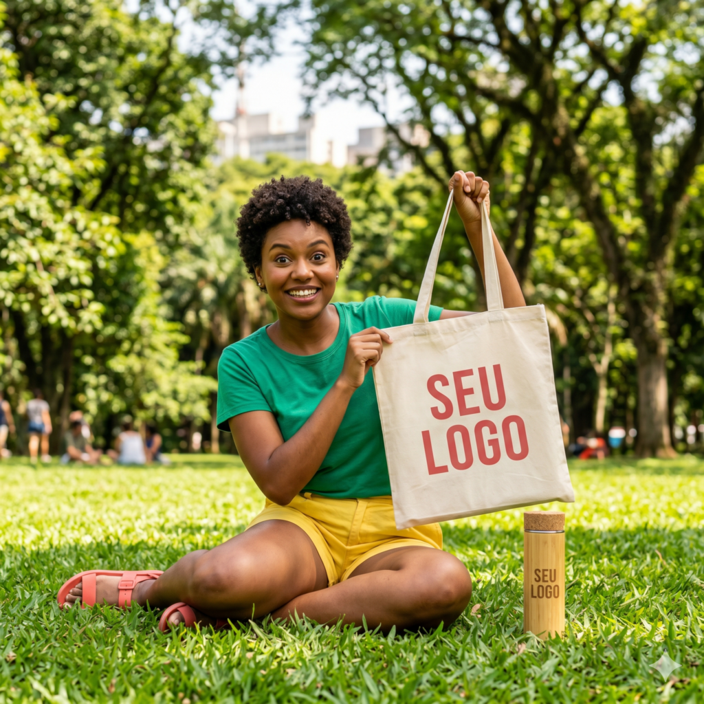 Mulher brasileira em parque segurando ecobag e garrafa de bambu personalizadas com logo da empresa