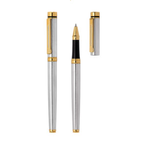 Caneta roller de metal com detalhe dourado personalizada