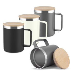 Caneca térmica em inox reciclado com tampa de bambu 400ml personalizada