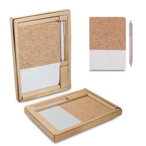 Kit caderno A5 cortiça com caneta plástica personalizado