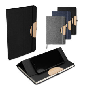 Caderno A5 capa em rPET com suporte para celular personalizado