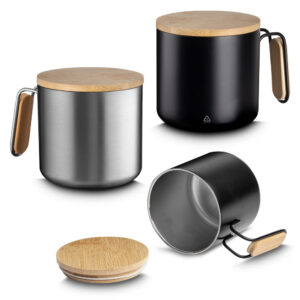 Caneca térmica em inox com tampa de bambu personalizada