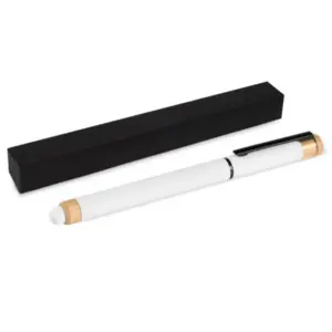 Caneta roller em alumínio reciclado e bambu branca personalizada
