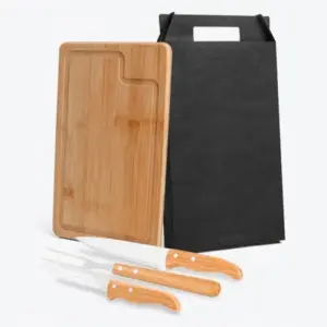 Conjunto para churrasco em bambu madeira e inox Dallas 4 peças personalizado