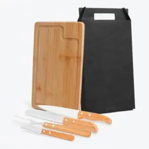 Conjunto para churrasco em bambu madeira e inox Dallas 5 peças personalizado