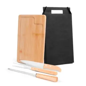Conjunto para churrasco em bambu inox e madeira 4 peças personalizado
