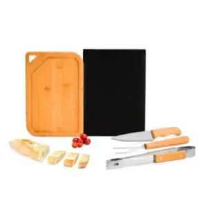 Conjunto para churrasco em bambu inox e madeira 4 peças personalizado