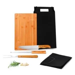 Conjunto para churrasco em bambu madeira e inox Texas 5 peças personalizado