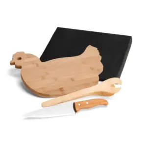 Conjunto para cozinha em bambu e inox com tábua galinha personalizado