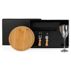 Conjunto para queijo em bambu com taça de champagne 4 peças personalizado