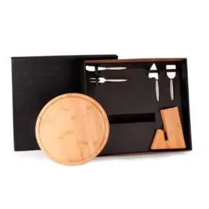 Conjunto para queijo com cepo em bambu e inox 6 peças personalizado