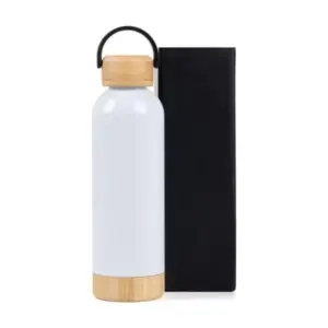 Garrafa parede dupla com detalhe em bambu branca 500ml personalizada
