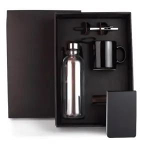 Kit garrafa plástica caneca bloco e caneta personalizado