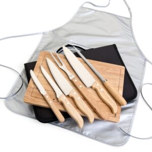 Kit churrasco 8 peças com cabo em bambu e avental personalizado