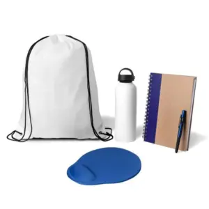 Kit boas-vindas mochila garrafa mouse pad e caderno azul 5 peças personalizado