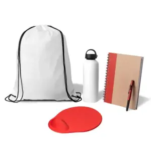 Kit boas-vindas mochila garrafa mouse pad e caderno vermelho 5 peças personalizado