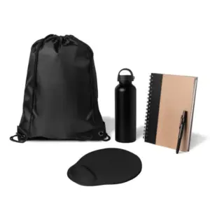 Kit boas-vindas mochila garrafa mouse pad e caderno preto 5 peças personalizado