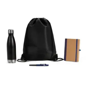 Kit boas-vindas mochila garrafa e caderno azul 4 peças personalizado