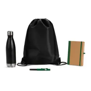 Kit boas-vindas mochila garrafa e caderno verde 4 peças personalizado