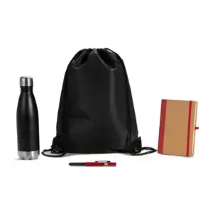 Kit boas-vindas mochila garrafa e caderno vermelho 4 peças personalizado
