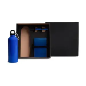 Kit garrafa caderno e caneta azul personalizado