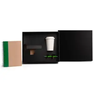 Kit copo em bambu caderno e caneta verde personalizado