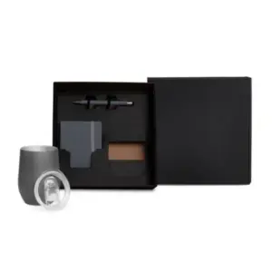 Kit copo térmico caderno e caneta cinza personalizado