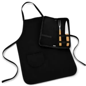 Kit garfo faca e avental em bambu madeira e inox personalizado