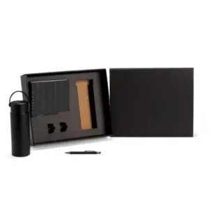 Kit garrafa preta caderno wire-o e caneta 3 peças personalizado
