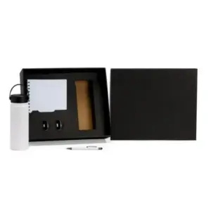 Kit garrafa branca caderno wire-o e caneta 3 peças personalizado