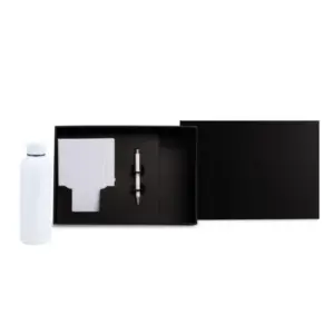 Kit garrafa branca caderno e caneta 3 peças personalizado