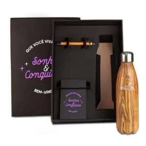 Kit garrafa amadeirada caneta em bambu e bloco personalizado