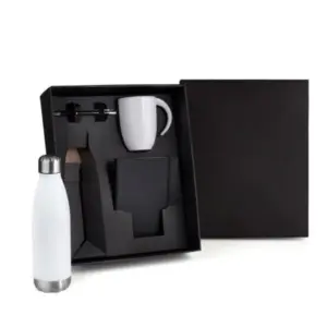 Kit garrafa branca caneca caderno e caneta personalizado