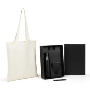 Kit garrafa sacola caderno preto e caneta personalizado