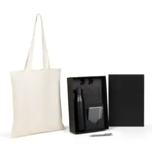 Kit garrafa sacola caderno cinza e caneta personalizado