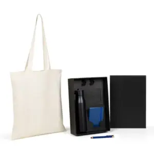 Kit garrafa sacola caderno azul e caneta personalizado