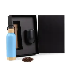 Kit garrafa e copo térmico azul e preto personalizado