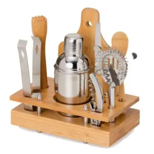 Conjunto para bar em bambu madeira e inox 8 peças personalizado