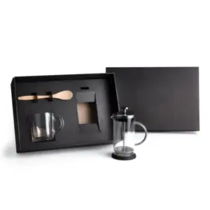 Kit para café cafeteira prensa caneca e colher em bambu personalizado