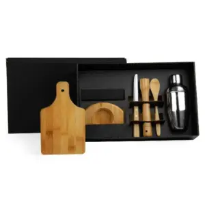 Kit caipirinha em bambu com coqueteleira em inox 6 peças personalizado